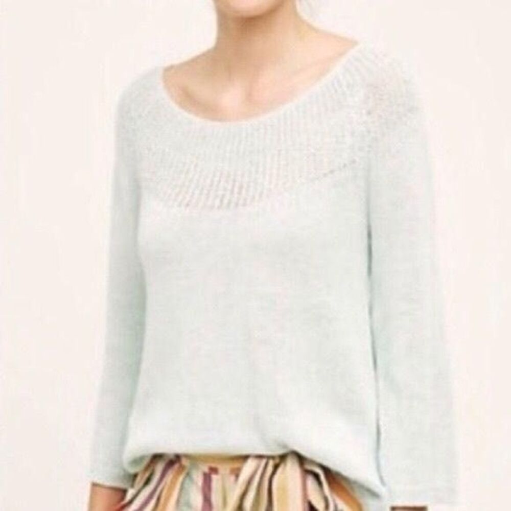 Moth Linen Blend Knit Scoop Neck Sweater Pastel Blue Green Womens Medium